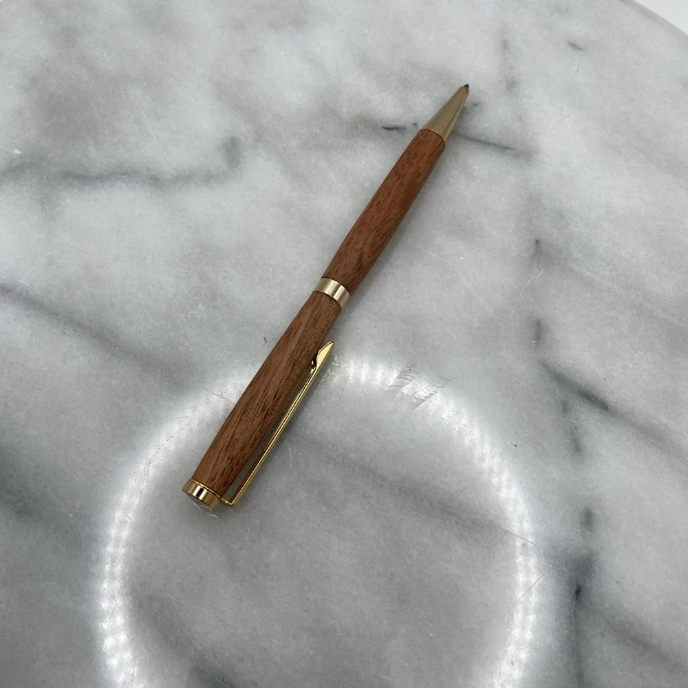 Elegant Slimline Handmade Wooden Ball Point Twist Blue Pen W/ Gold Plated Trim